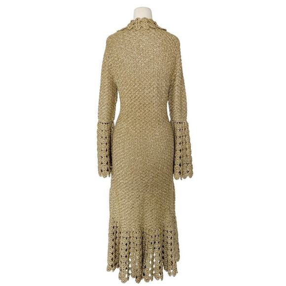 Michael Kors Collection Gold Metallic Crochet Bell Sleeve Midi Dress - Picture 3 of 8